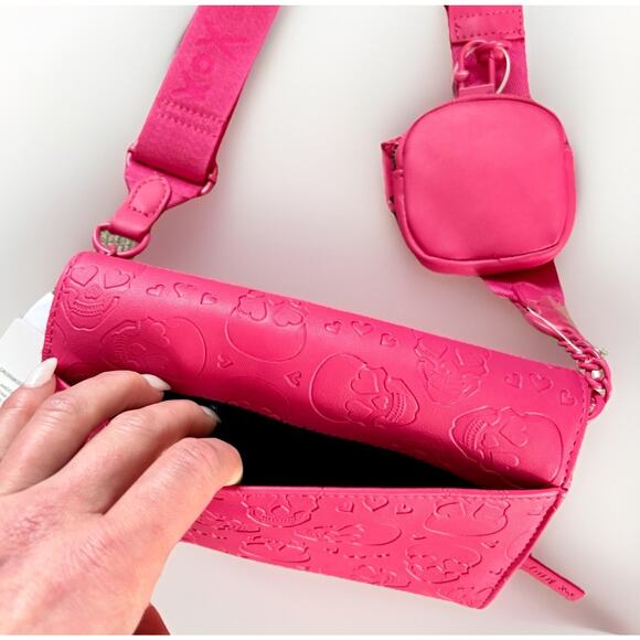 BETSEY JOHNSON Pink Embossed Heart Eye Skulls XOLANDON Crossbody Wallet Bag Y2K - Picture 11 of 16